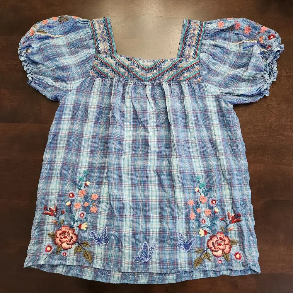 Johnny Was Aimee Puff Sleeve Floral Embroidered Tartan Plaid Peasant Top SzSmall
